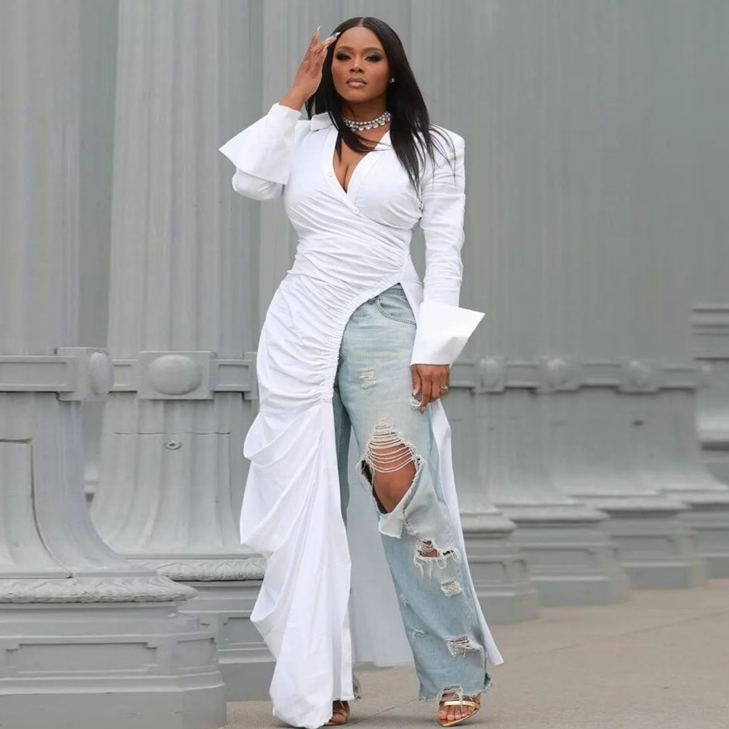 

Vintage Women Long Sleeve High Side Split Ruched Up Wrap Lapel Collar White Maxi Long Dress Fashion Street Dresses