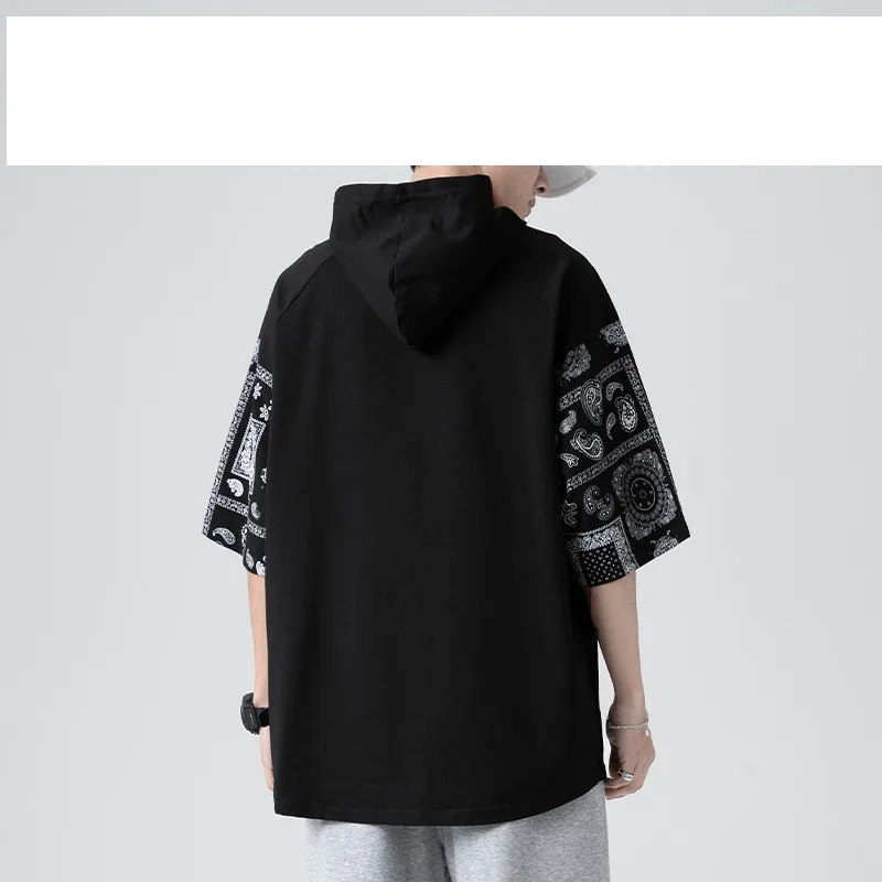 Summer Men's Pullover Hooded Drawstring Geometric Printing Sports Half Sleeve T-shirt Hoodies Casual Loose Preppy Style Tops