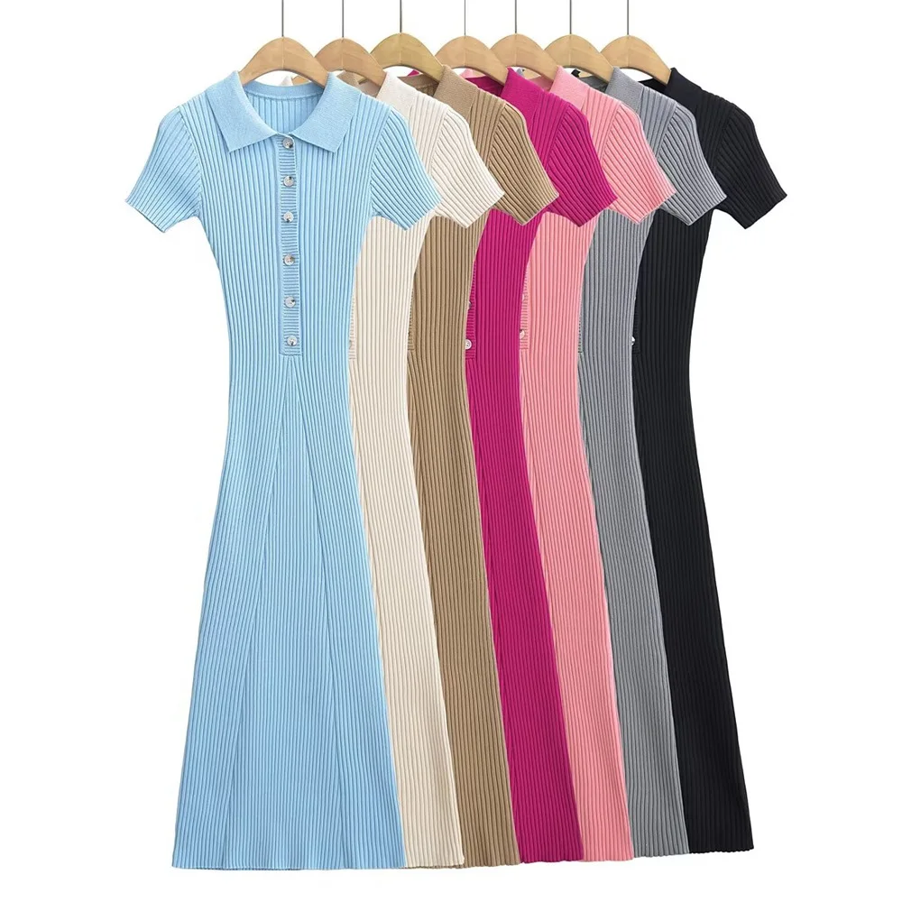 Ribbed High Waist Slim Maxi Dress For Women Knitwear Lapel Casual Elegant Party Dress Gown Fashion Short Sleeve Knit Dress