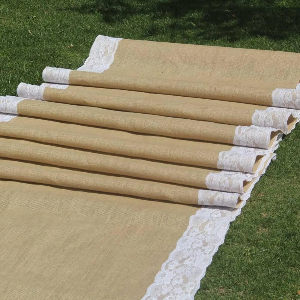 Wedding Aisle Runner 40 Inch with 5 Inches Ivory Lace Rustic Floor Carpet, Weddings Walkway Decorations Natural Jute