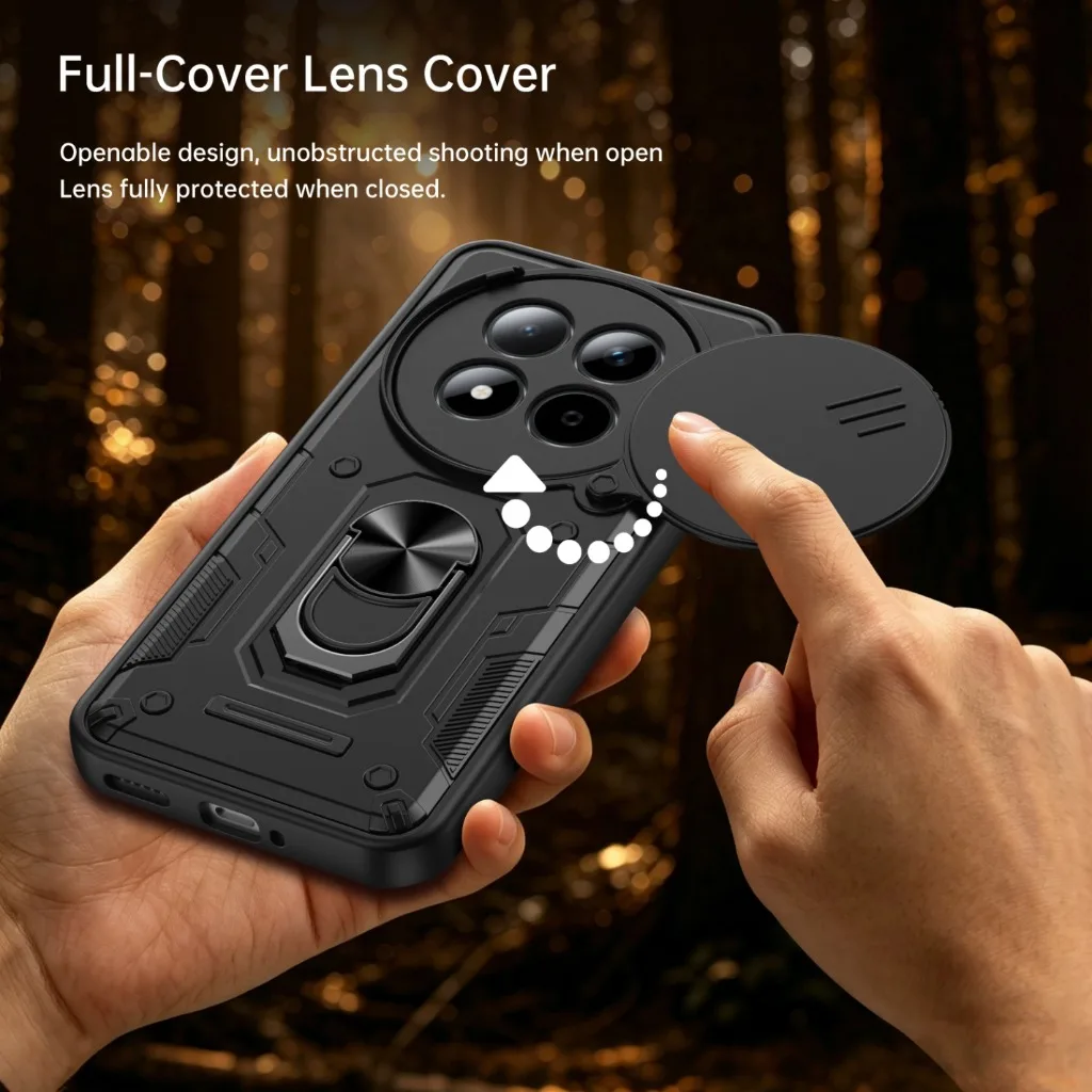 Rugged Shockproof Phone Case with Slide Camera Protection and 360° Rotating Ring Holder Kickstand