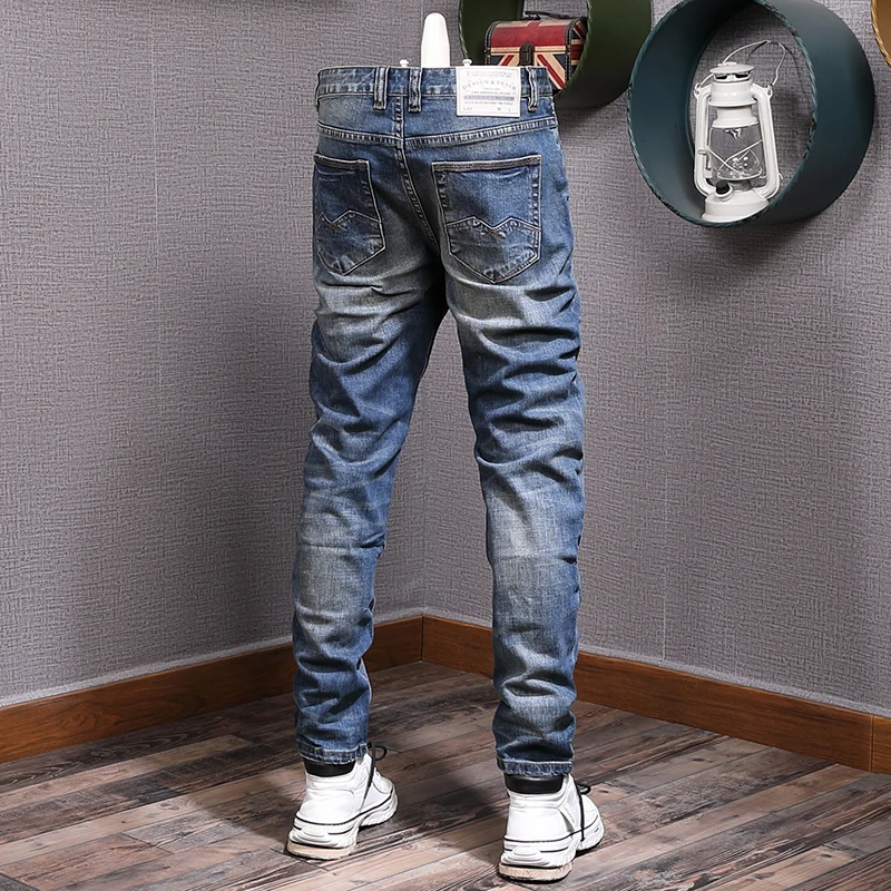 Newly Vintage Fashion Men Jeans High Quality Retro Blue Stretch Slim Fit Ripped Jeans Men Casual Designer Denim Pants Hombre