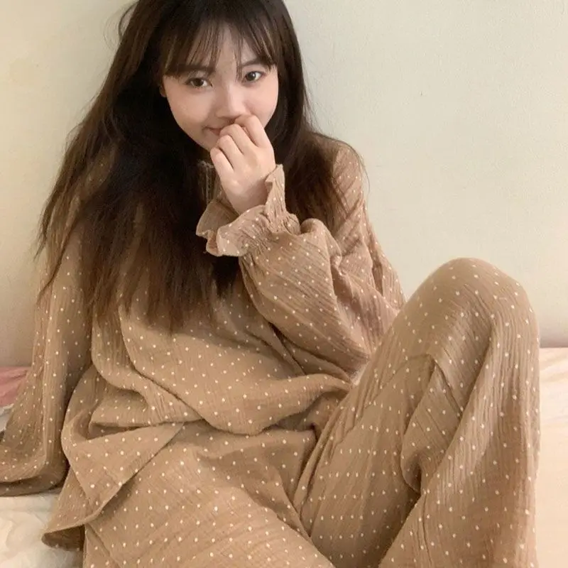Pajama Sets Women Simple Retro Polka Dot Autumn Loose Sleepwear Korean Students Ins Long Sleeve Cozy Home Clothing Two Pieces