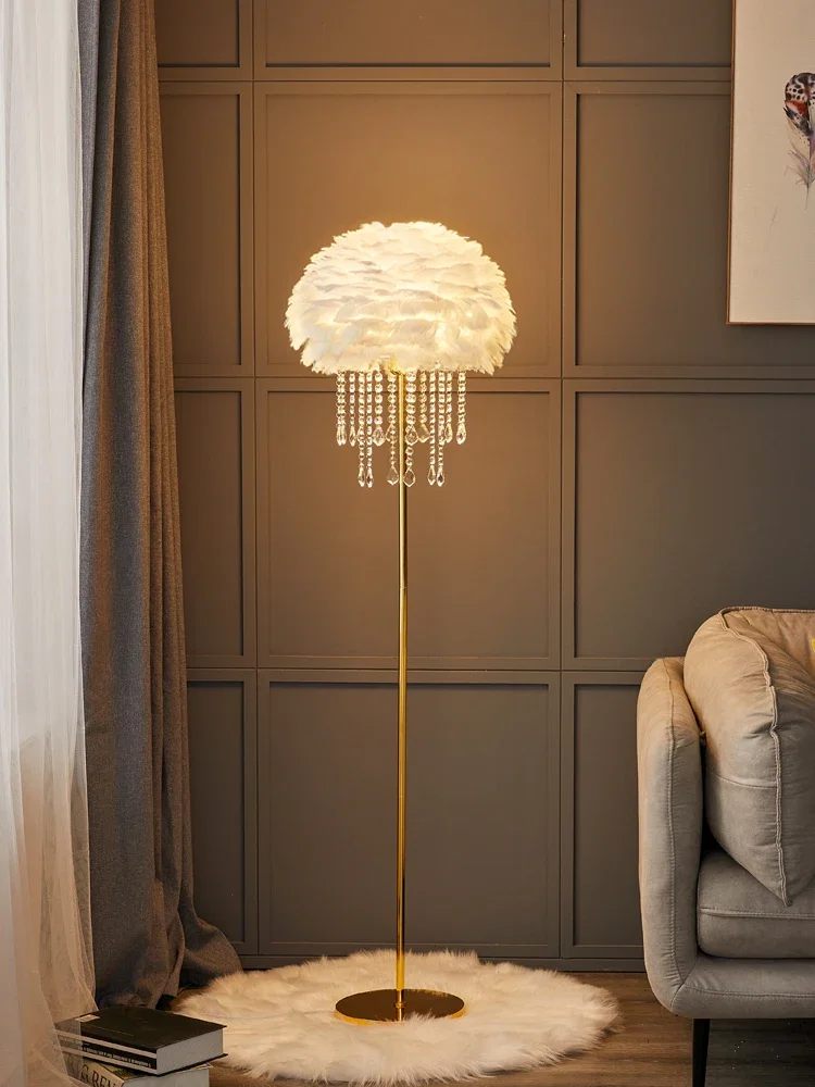 

Floor Lamp Feather Crystal Light Luxury Nordic Living Room Sofa Bedroom Bedside Warm Vertical Lamp