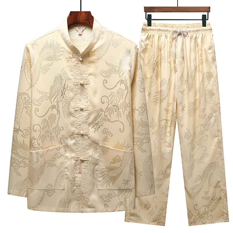 Tang Suit (top + Pants) Dad Chinese Style Hanfu for Middle-aged and Elderly Men Imitation Mulberry Silk Satin Jacquard Suit 2