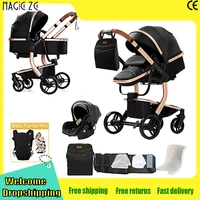 Poussette de luxe 3-en-1 en cuir PU imperméable pour nouveau-né avec siège auto, poussette portable, landau de voyage pliable 1