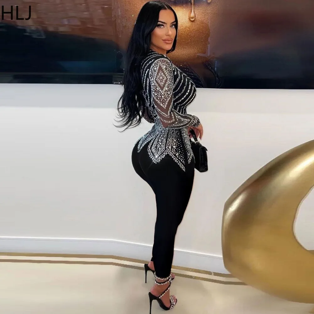 HLJ Sexy Deep V Rhinestones Bodycon Party Nightclub Jumpsuits Women Long Sleeve Skinny Pants Playsuits Female Slim Clothes Black