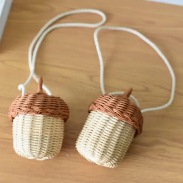 Mogyoró Alakú Mini Táska Tároló Szőtt Kézitáska Válltáska Makk Rattan Vintage Kézzel Készített Gyerekek Kosarak - Image 4