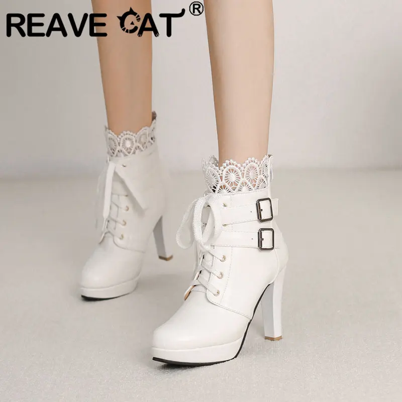 

REAVE CAT Women Ankle Boots Round Toe Chunky Heels 10cm Platform 2cm Zipper Lace Up Belt Buckle Large Size 42 43 Elegant Bota 33