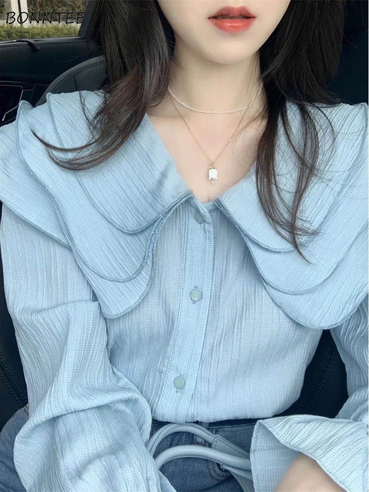 

Peter Pan Collar Shirts Women Ruffles Spring Summer Solid Simple Female's Long Sleeve Loose Tops Single Breasted Streetwear Cozy