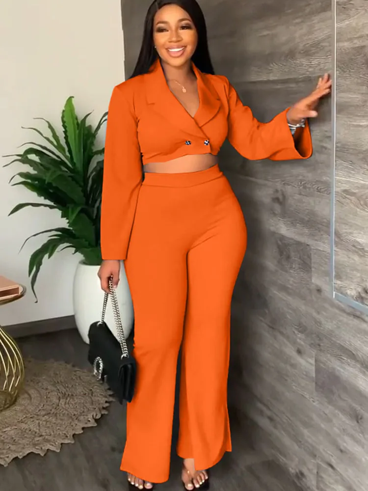 Elegant Work Wear Two Piece Set Women Clothes Button Office Crop Top and Flare Pants Suits Matching Sets Lady Sexy Club Outfits