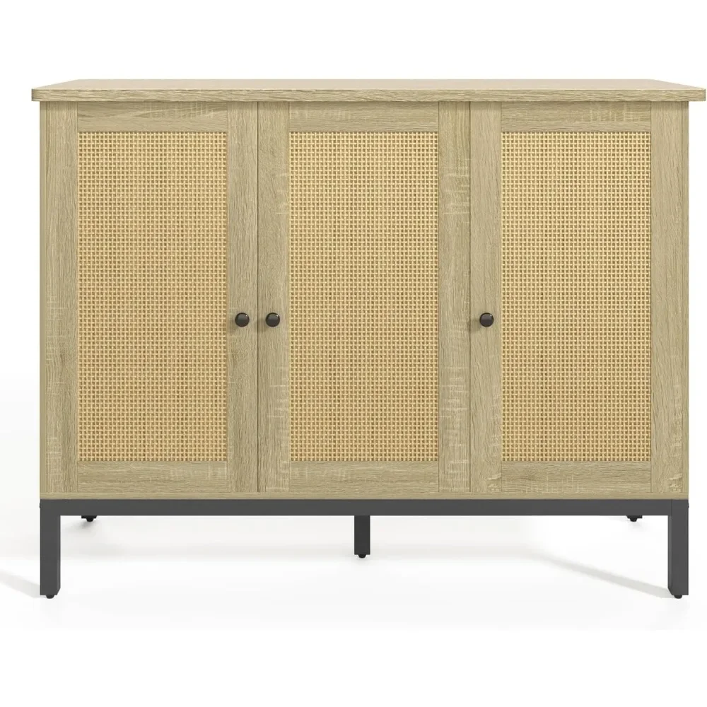 Gizoon Buffet Cabinet Storage, Kitchen Sideboard Buffet Storage Cabinet 3 Rattan Decorated Doors, Accent Metal Legs
