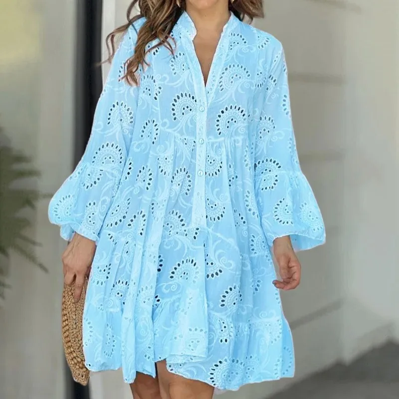 Women's Elegant V-neck Hollow Embroidery Dress Vintage Beach Mini Dresses Casual Solid Lace Sexy Summer 27725