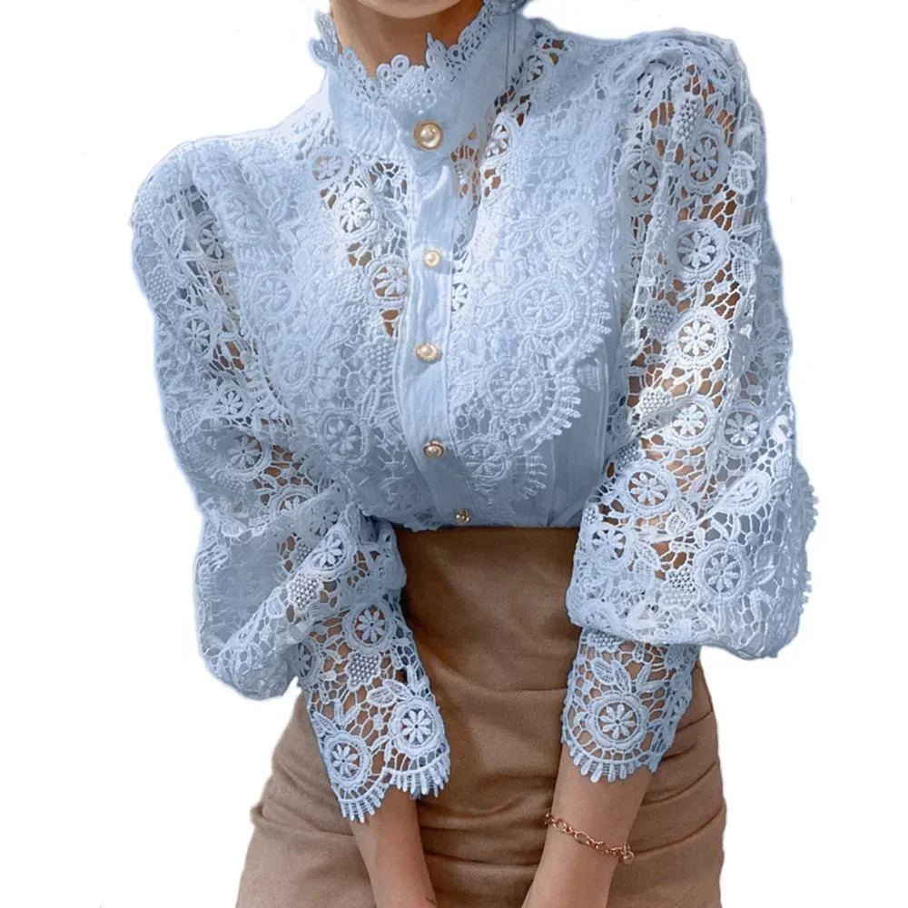 Elegant Lace Blouse - Women's Floral Puff Sleeve Top For