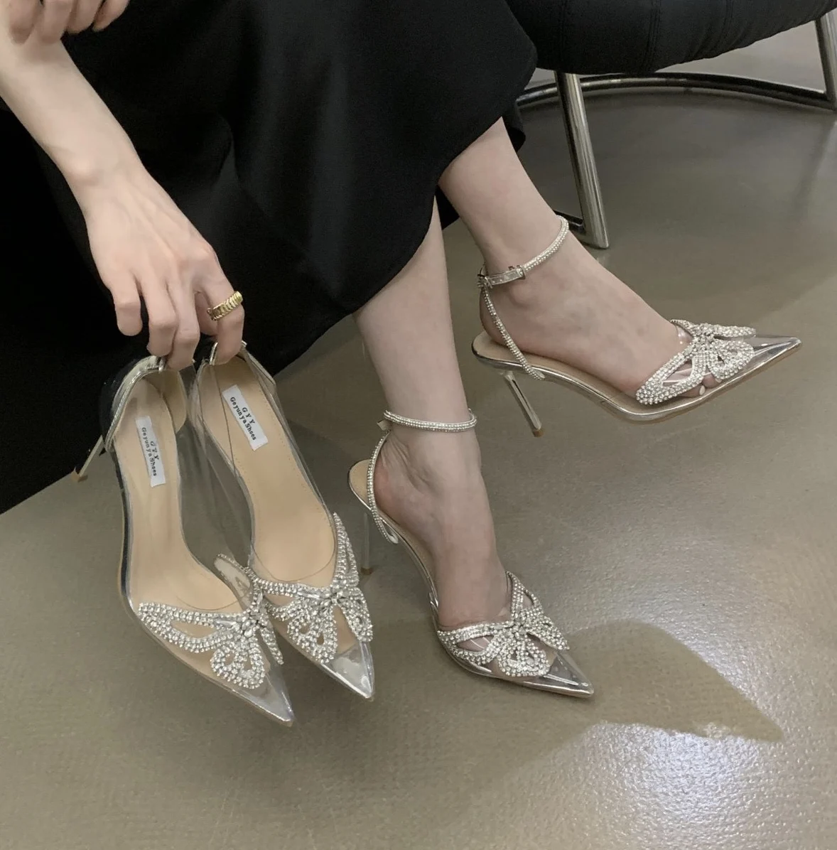 2024 New High Heels Women's Thin Heels, Pointed Toe, Transparent Water Diamond Bow Tie, Wedding Shoes, Single Shoes Women's
