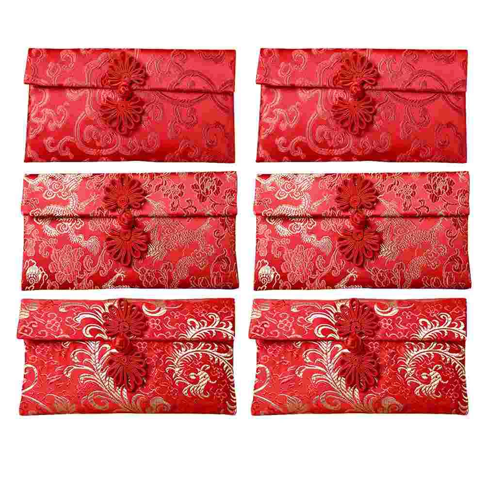 6 Pcs Buckle Fabric Red Envelope Chinese Knot Envelopes Silk Brocade Money Holders Paper Bags Printing Products Red Packets