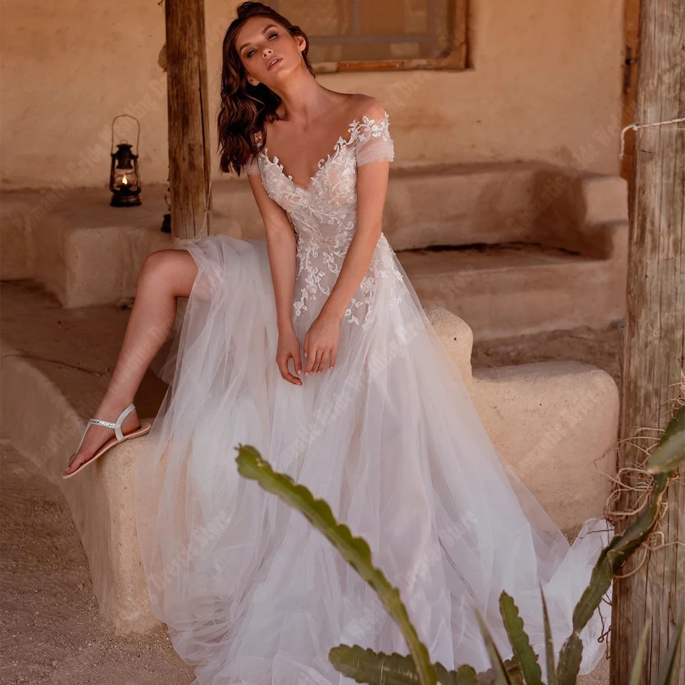 V-Neck A-Line Women Wedding Dresses Bright Tulle Bridal Gowns Newest Mopping Length Short Sleeves Princess 2024 Vestido De Novia 4