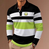 2025 nouveau classique rayure imprimé hommes à manches longues polos automne décontracté confortable ajustement bouton Polo hauts rue homme pull 2