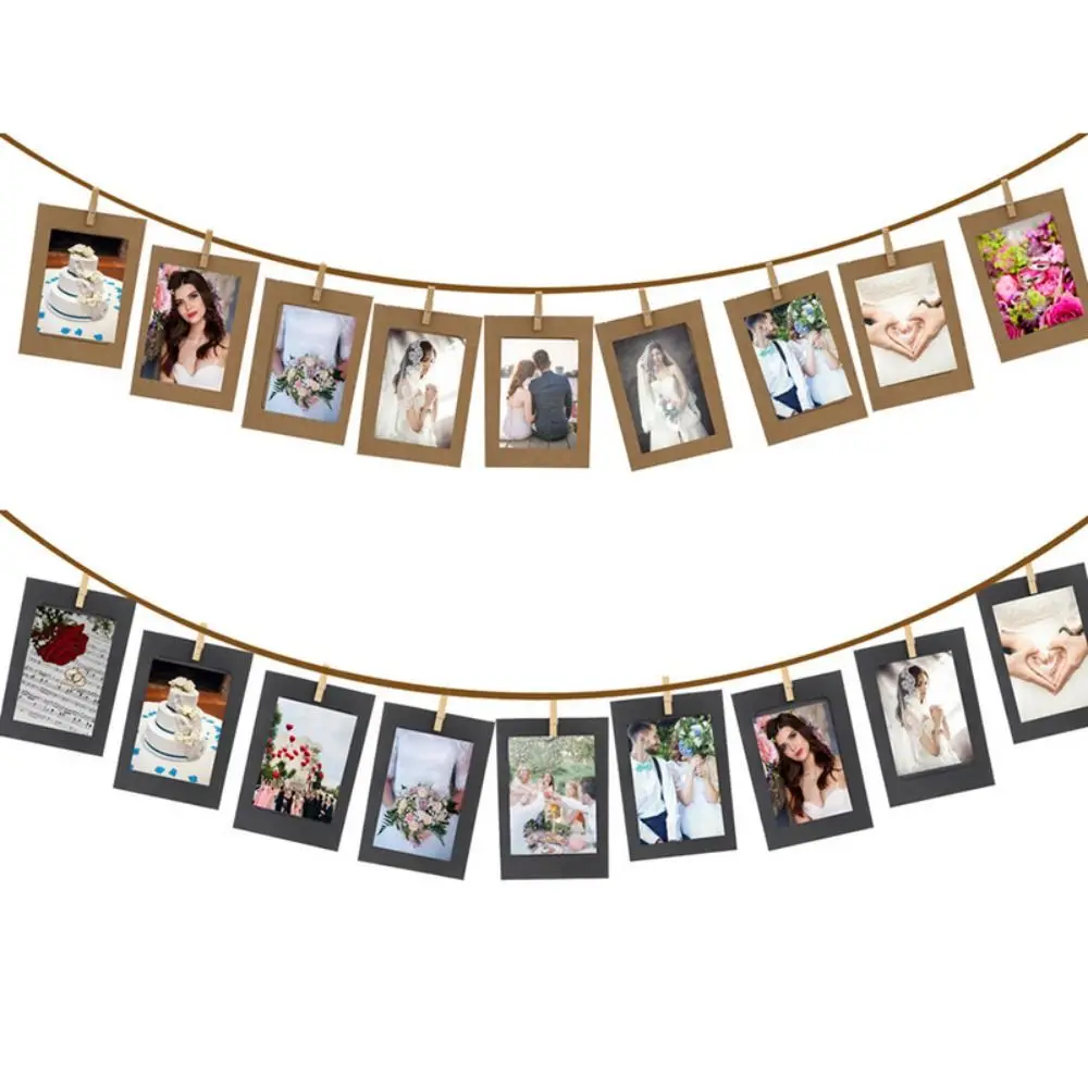 Photo Frame Craft Paper With Clips Rope Wall Hanging Picture Album Home Decor Wedding Happy Birthday 10Pcs/set