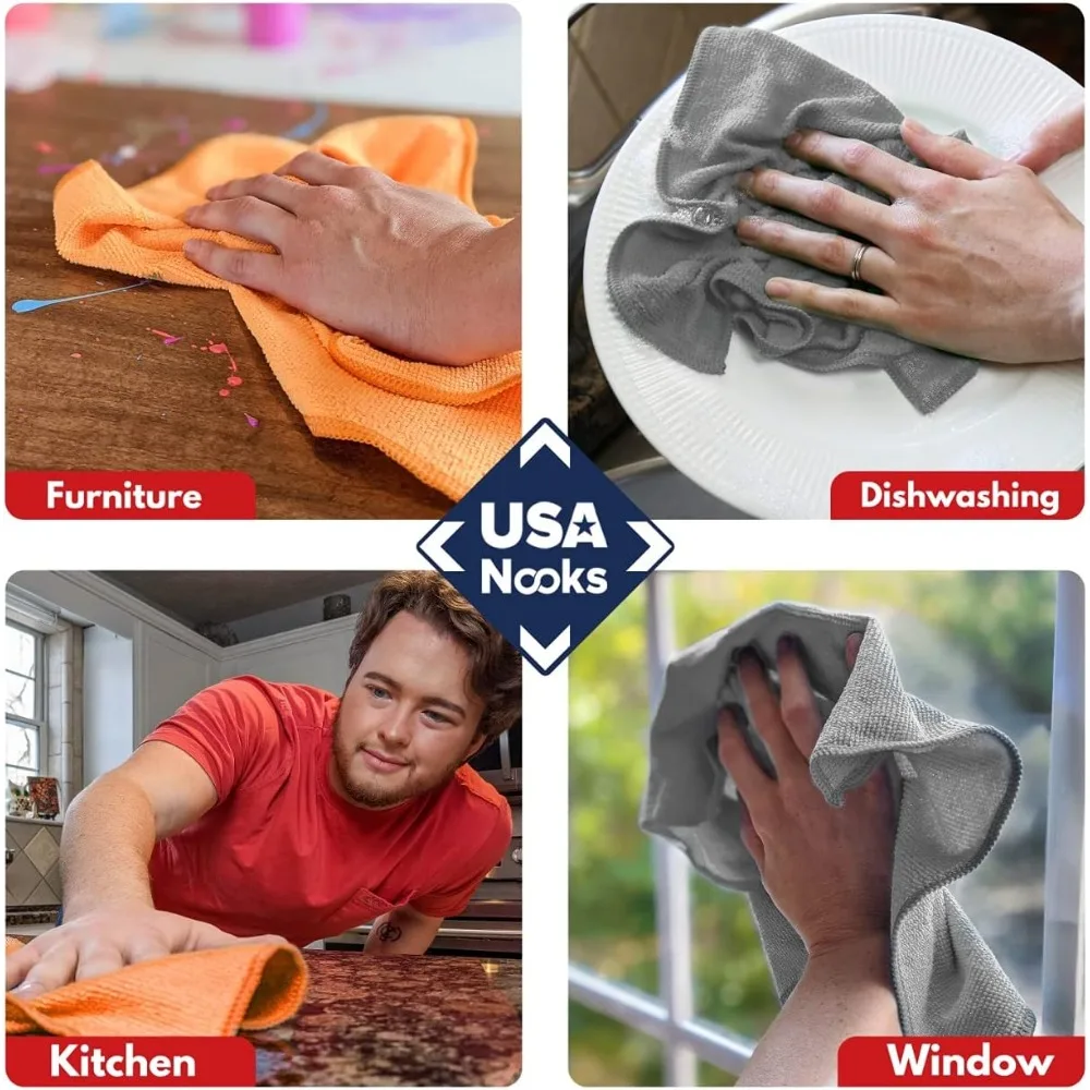 "8 Pack Microfiber Cleaning Cloths - 12x11 Inches - High Performance - Durable for 1200 Washes ， Ultra Absorbent for Cleaning Gr