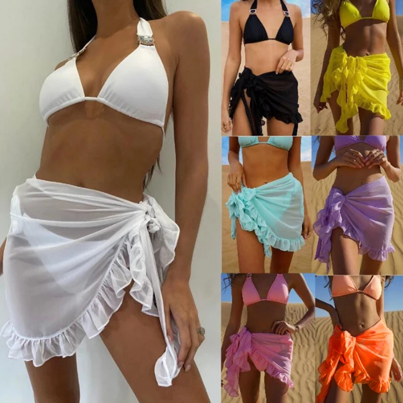 Women’s Chiffon See-Through Beach Cover-Up – Bikini Wrap, Pareo Sarong Dress, Solid Ruffle Casual Beachwear Decor Safety Accessories Scarves & sarongs