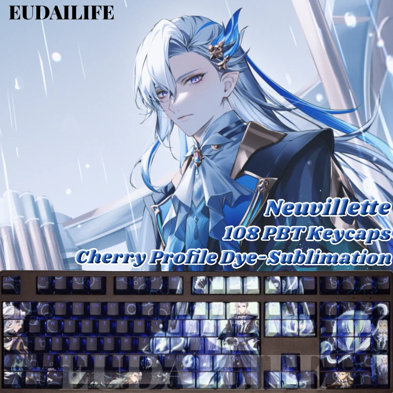 Neuvillette-teclado Mecânico Impacto Genshin 108 Key Cap Pbt Dye Luz Sublimação Transmitindo Cherry Switch Cross Cover