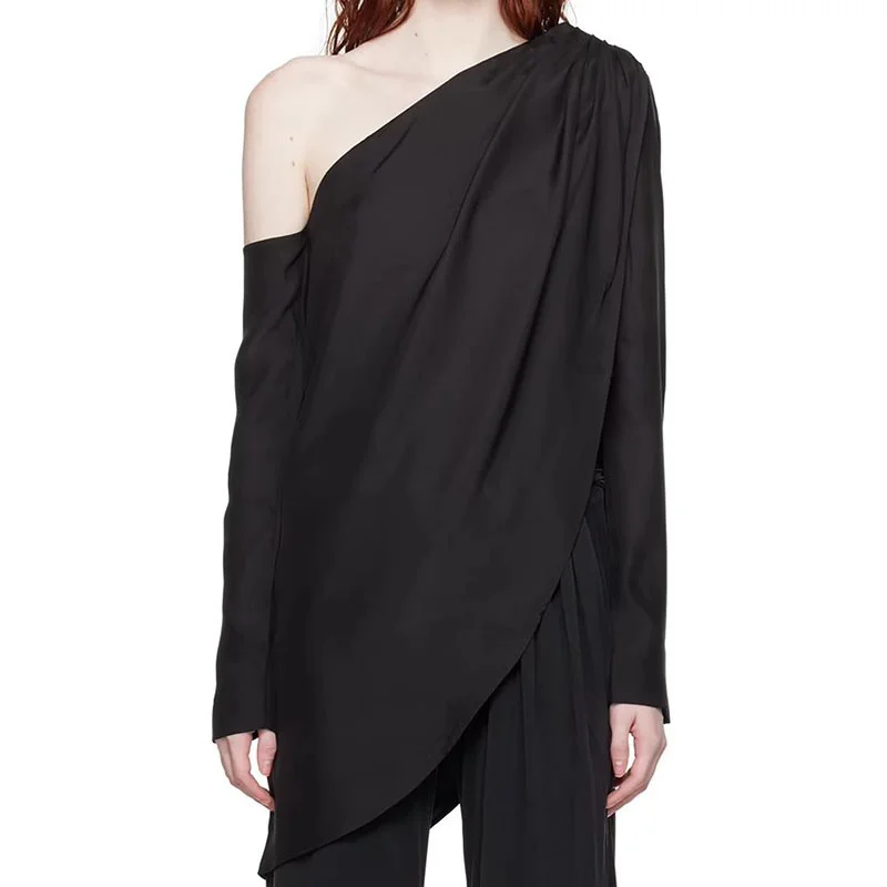 

T-shirts Spring 2024 New in Sexy Off Shoulder Long sleeved top Pleated Slim asymmetrical long sleeved top free shipping crop top