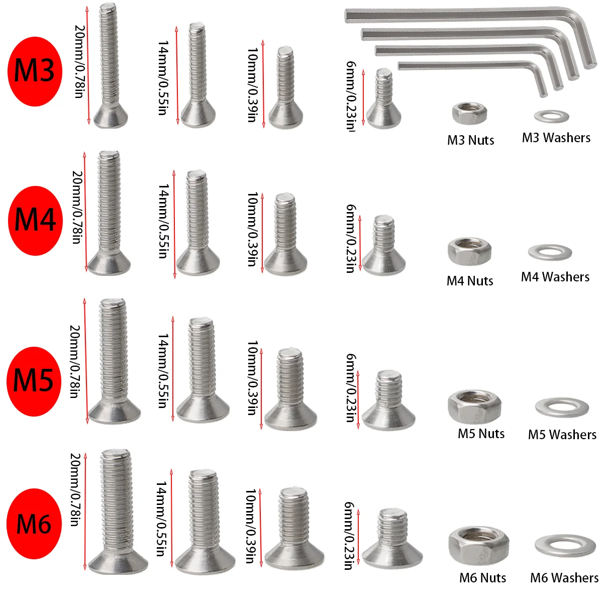 Stainless Steel Countersunk Hex Bolts/M3-M4-M5-M6 Flat Head Hex Bolt Nut and Washer Combination Set/Internal Screws 670pcs