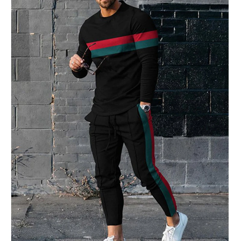 2023 New Tracksuit 2 Pieces Sets T Shirt+Long Pants Sets Stripe Hoodies Sweatshirt Oversized Streetwear Sweatpants Men Clothing fashion sport tracksuit mens winter print hoodies long pants 2pcs set casual splicing hoodies outdoor sport jogging wear