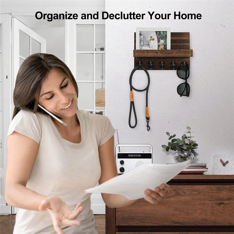 A82X-Key Holder For Wall, Decorative Key And Mail Holder With Shelf Has Large Hooks For Bags, Coats, Umbrella