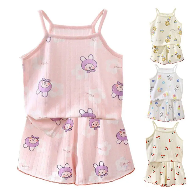 Kids Pajamas Set Summer Camisole Sling Tops Shorts 2-Piece Set Soft Cotton Fashion Cartoon Print Home Clothes Casual Suit