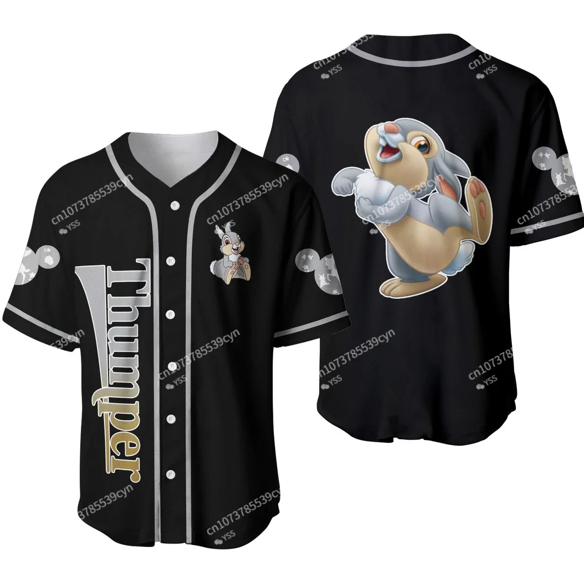 

New Disney Cartoon Thumper Rabbit Bambi Gray Black Beigei Patterns Disney Baseball Jersey