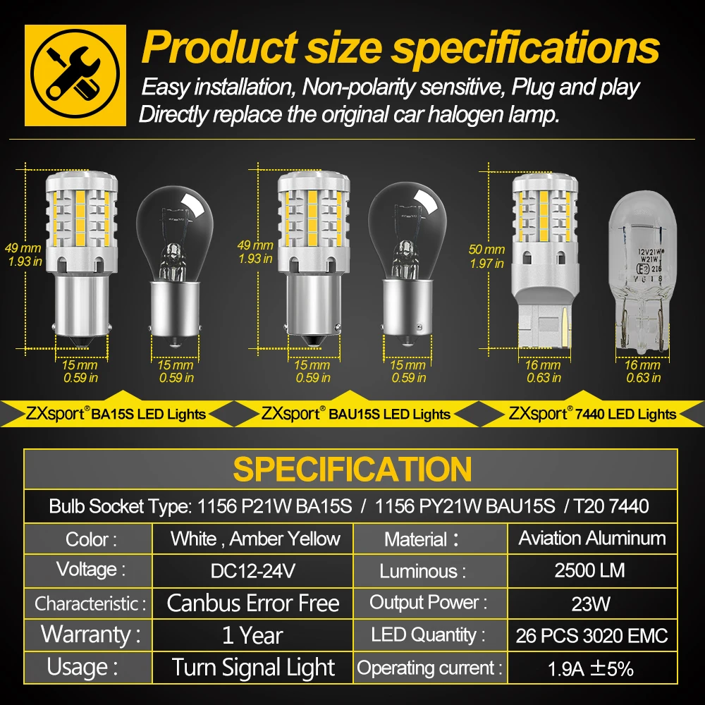 2Pcs  ÷ Led   P21W ڵ Ʃ Canbus ȣ  1156 BA15S PY21W BAU15S T20 7440 WY21W ڹ ο 12V 24V