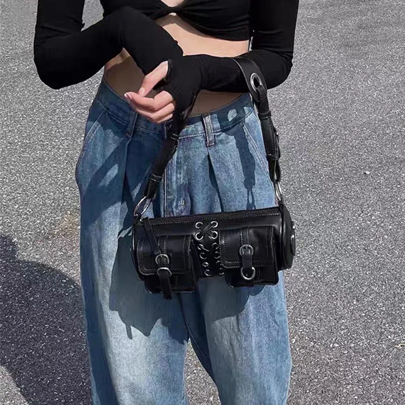 Vintage Schwarze Frauen Zylinder Unterarm Taschen Doppel Tasche Design Damen Schulter Tasche Mode Weibliche PU Leder Geldbörse_voghion.com