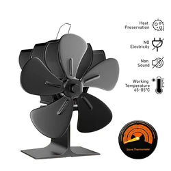 Black 5 Blades Fireplace Fan Heat-powered Stove Fan Log Wood Burner Environmental Quiet Home Warm Efficient Heat Distribution