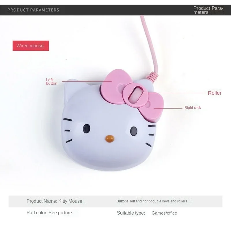 Sanrio Hello Kitty USB Wired Gaming Mouse Cute Mute Optical Computer Mouse New Anime Gamer Mice for Desktop PC Laptop Notebook 3