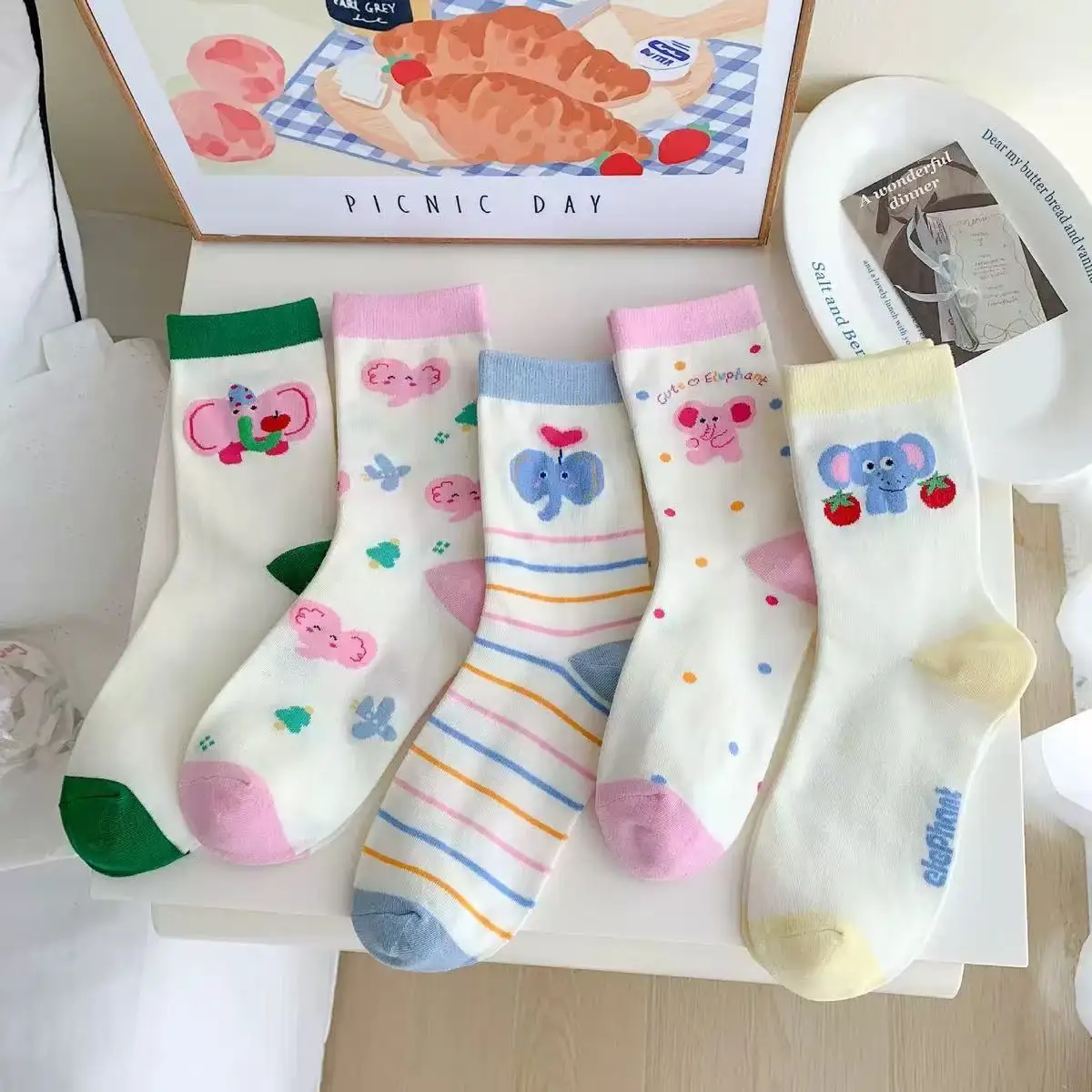 Cute Elephant Socks Women Summer Mesh Thin Breathable Long Socks