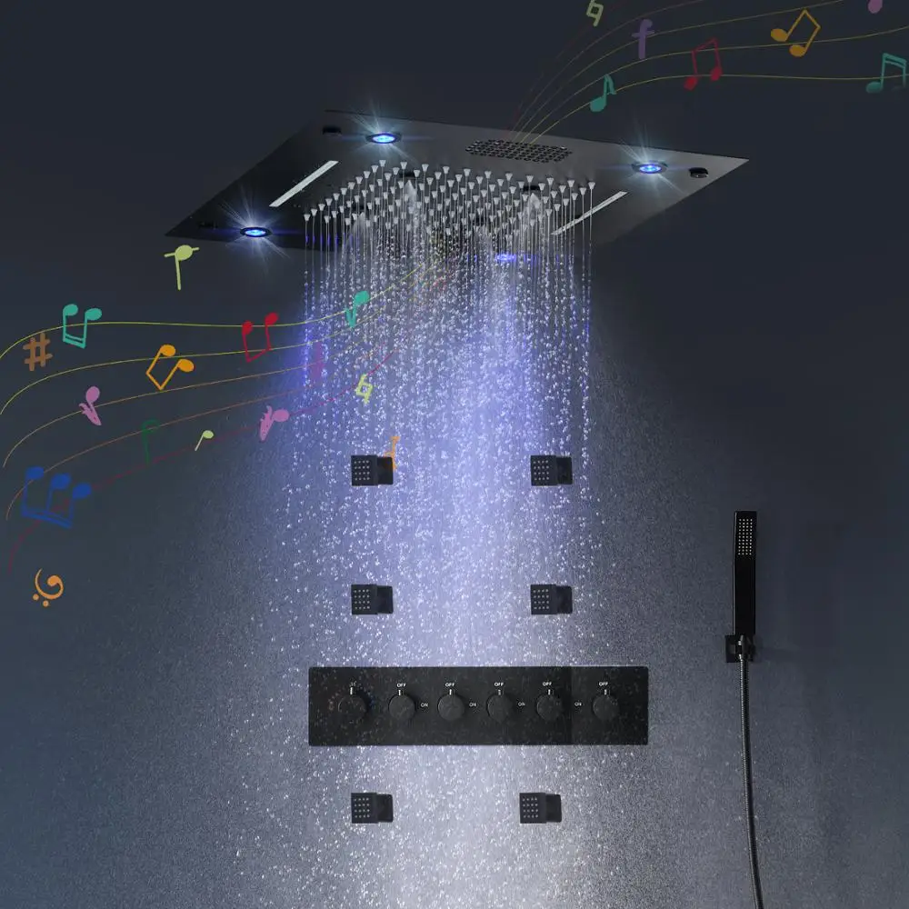 

High Quality Black Classical LED Shower Head Faucet Set Bluetooth Music Multi Functions Shower Mixer System Massage Jets