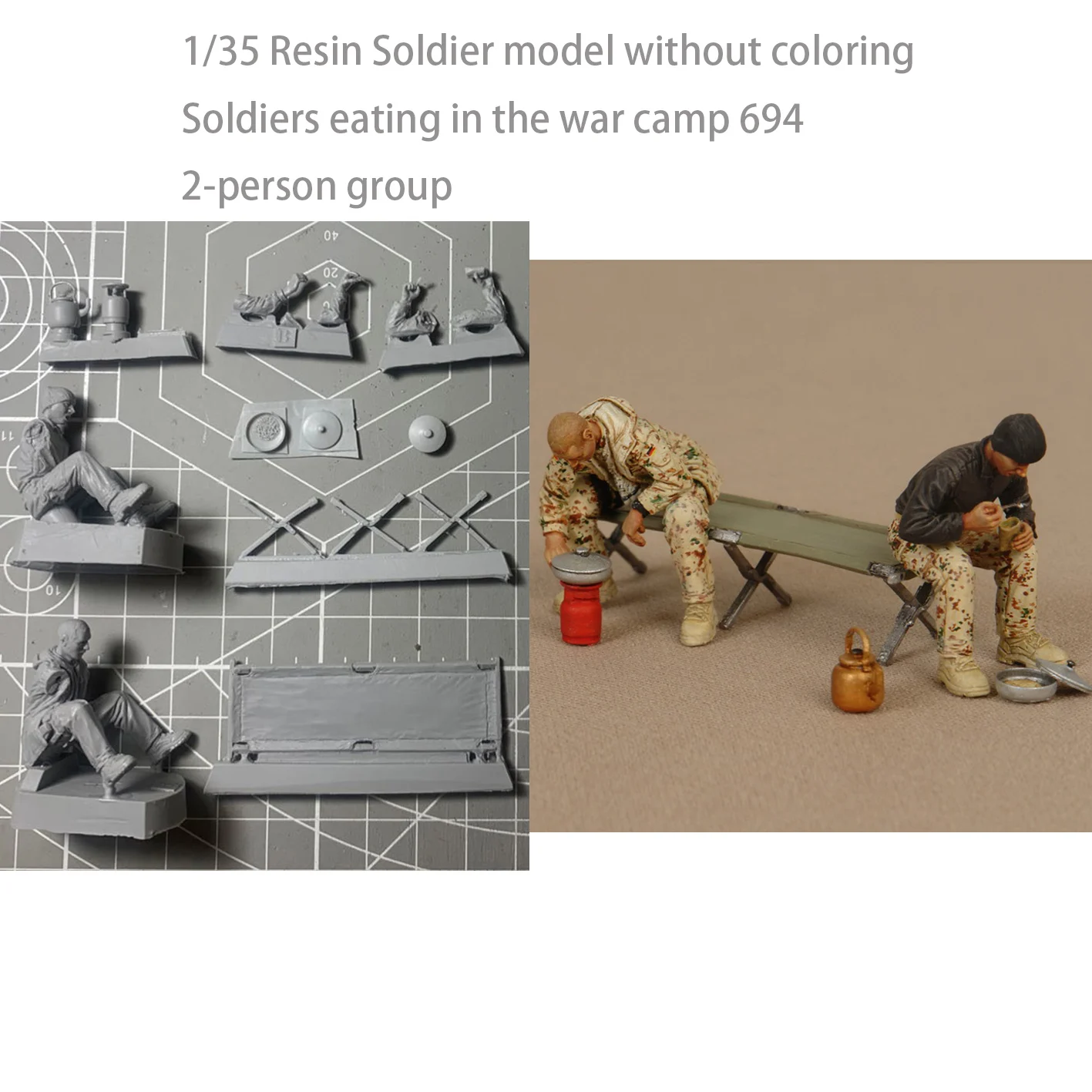 

Модель солдата из смолы 1/35 без окраски, солдаты едят в военном лагере, группа из 2 человек 694
