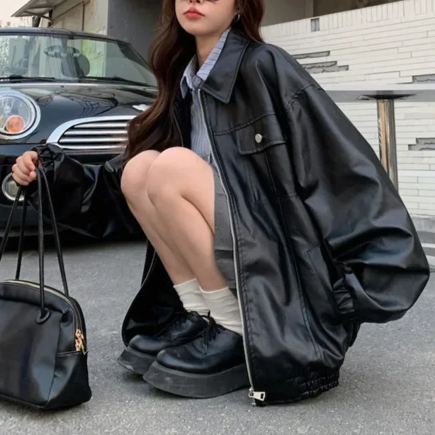 Oversized Leather Ladies In Leather Coats And Boots Vintage Black
