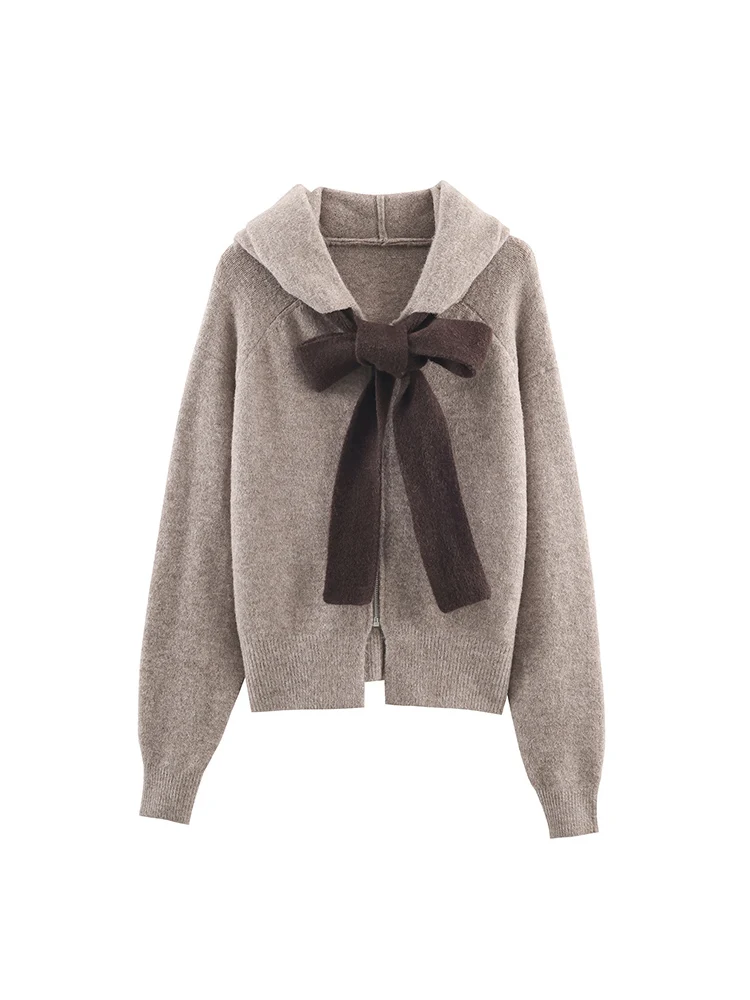 Winter Fashion Women Zipper Hooded Knitted Cardigan Solid Long Sleeved Sweater Chic Bow Decoration Sweet Ladies Knitwear New