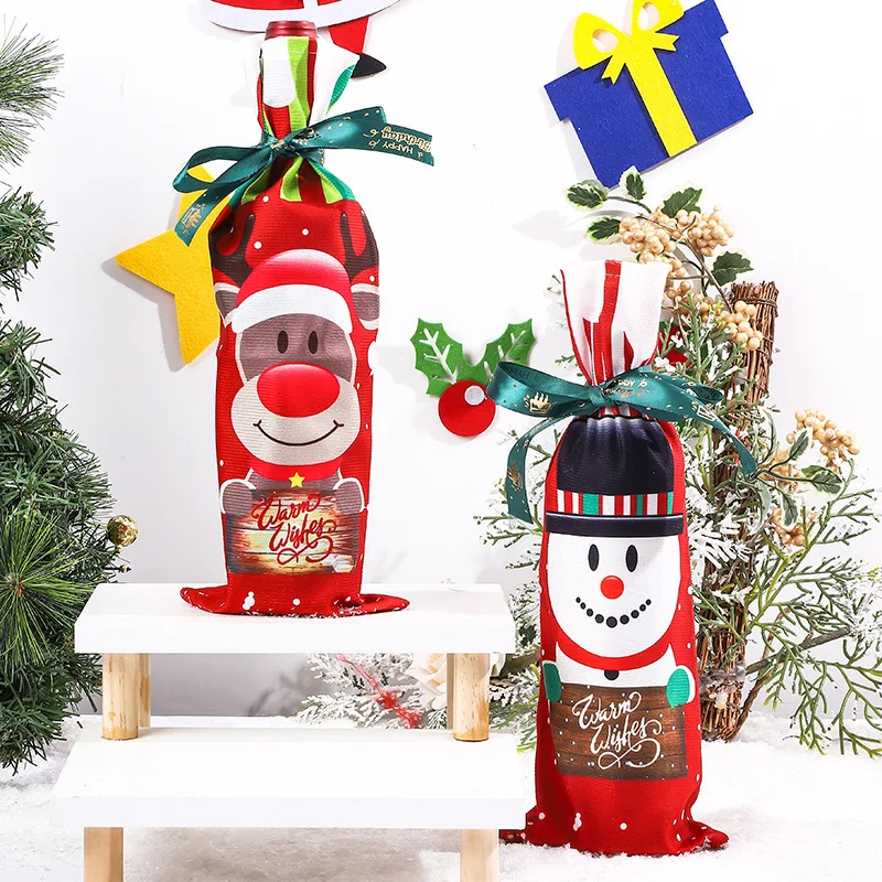 Description Picture 4 of item1 Set Christmas Wine Bottle Covers Christmas Decoration Cartoon Printed Wine Bottle Cover Merry Christmas New Year Table Decor