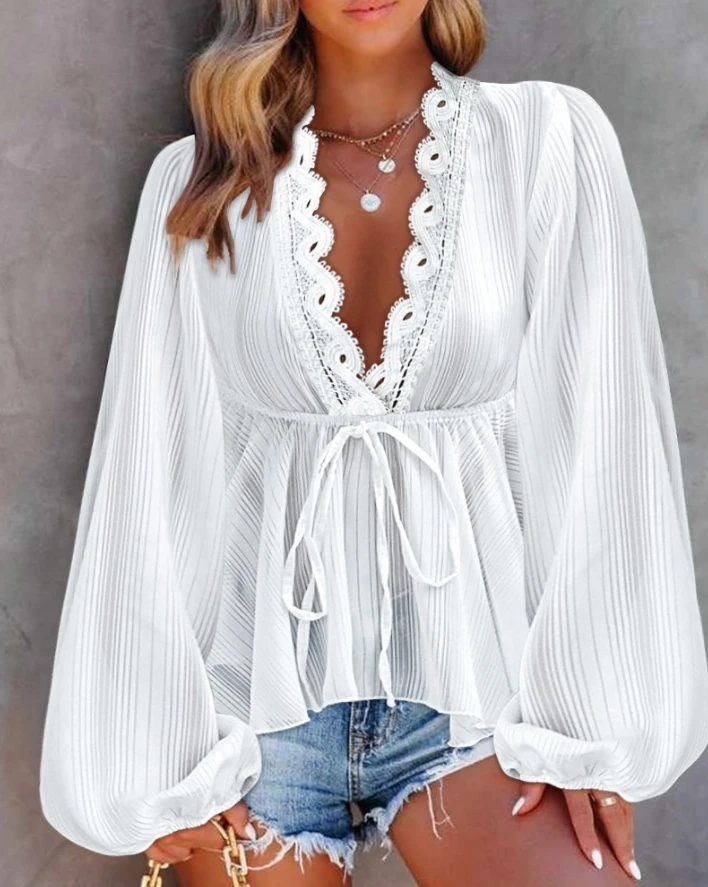 Fashion Women Blouses Elegant Sexy Daily Solid Color Contrast Lace Trim Plunge V Neck Lantern Long Sleeve Tied Detail Waist Top