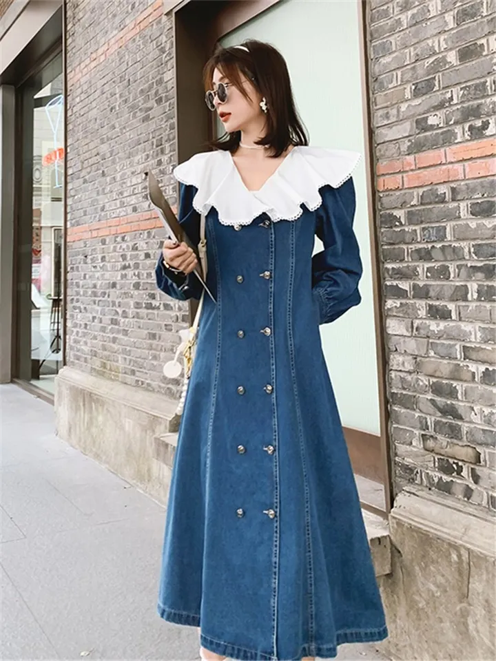 Vintage Denim Dress 2023 Spring Autumn Women Elegant Long Sleeve Lapel Slim  Casual French Style Shirt Maxi Dresses Girl 2821