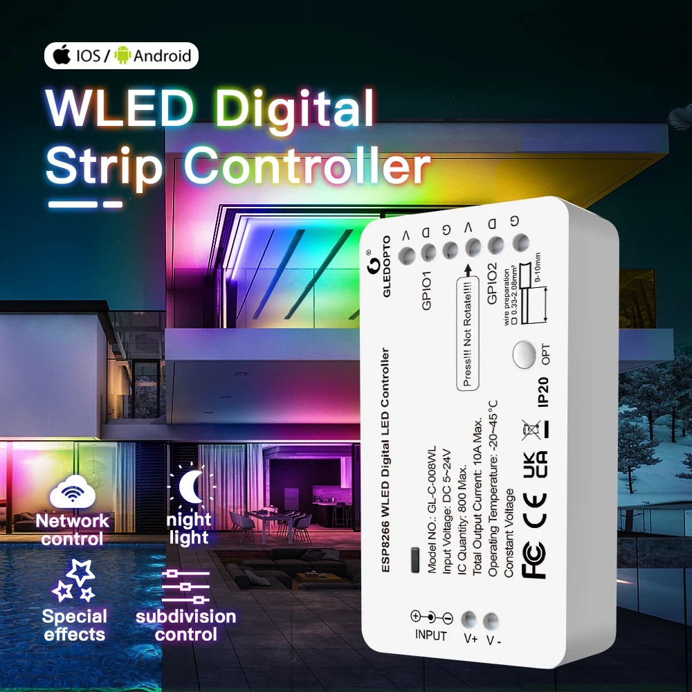 LED strip controller WLED Digital Light Strip Controller WIFI DC5-24V Support WS2812 2811 SK6812 and other RGB RGBW Light Strip 800 IC can DIY