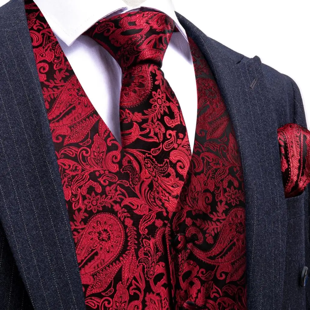 Designer Silk Red Black Paisley Vest For Men Gilet Papillon Tie Hanky Set Giacca Senza Maniche Wedding Business Formal Barry Wang