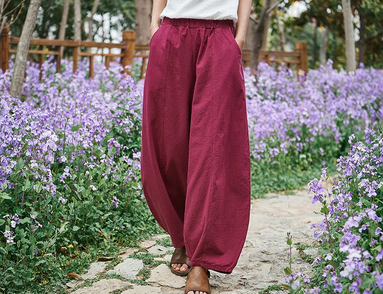 Vintage Style Cotton Linen Women Pants 2022 Spring Summer New Elastic Waist Solid Color Women Vintage Wide Leg Pants RV911 nike pants