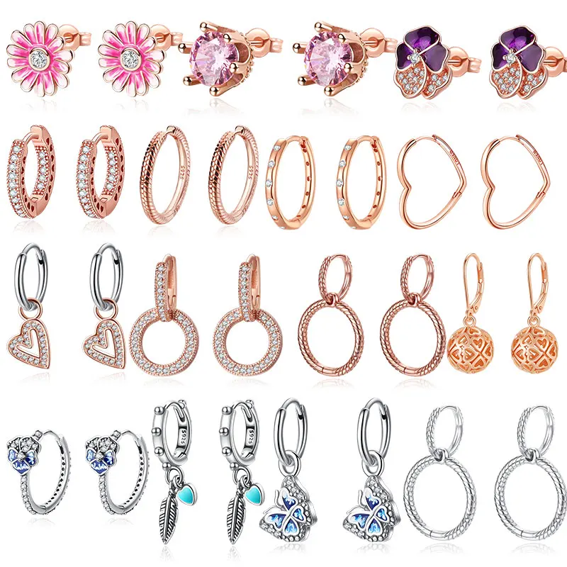 Silver Hoop Earrings Rose Gold Daisy Flower Butterfly Charm for Women