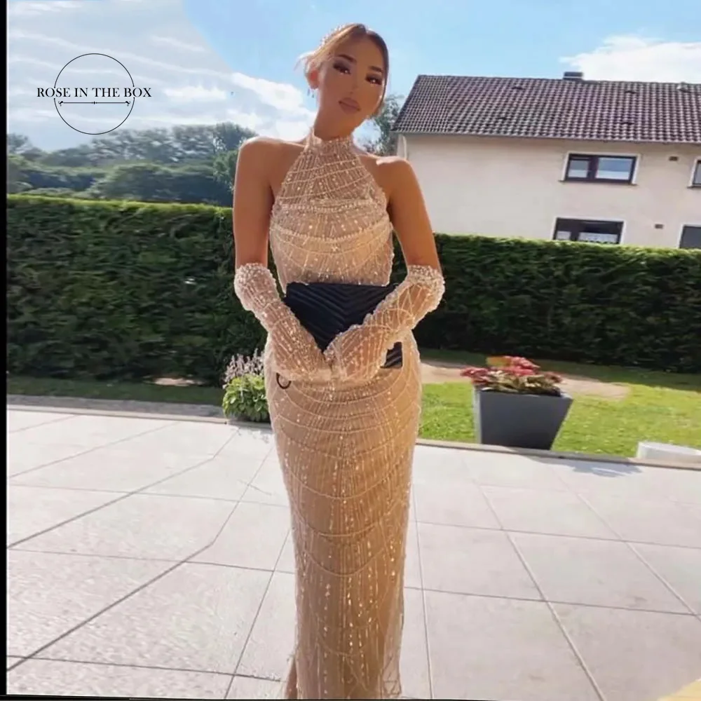

Dubai Luxury Nude Mermaid Evening Dresses Sexy Halter with Gloves 2023 Arabic Women Pearl Beaded Wedding Party Formal Gowns