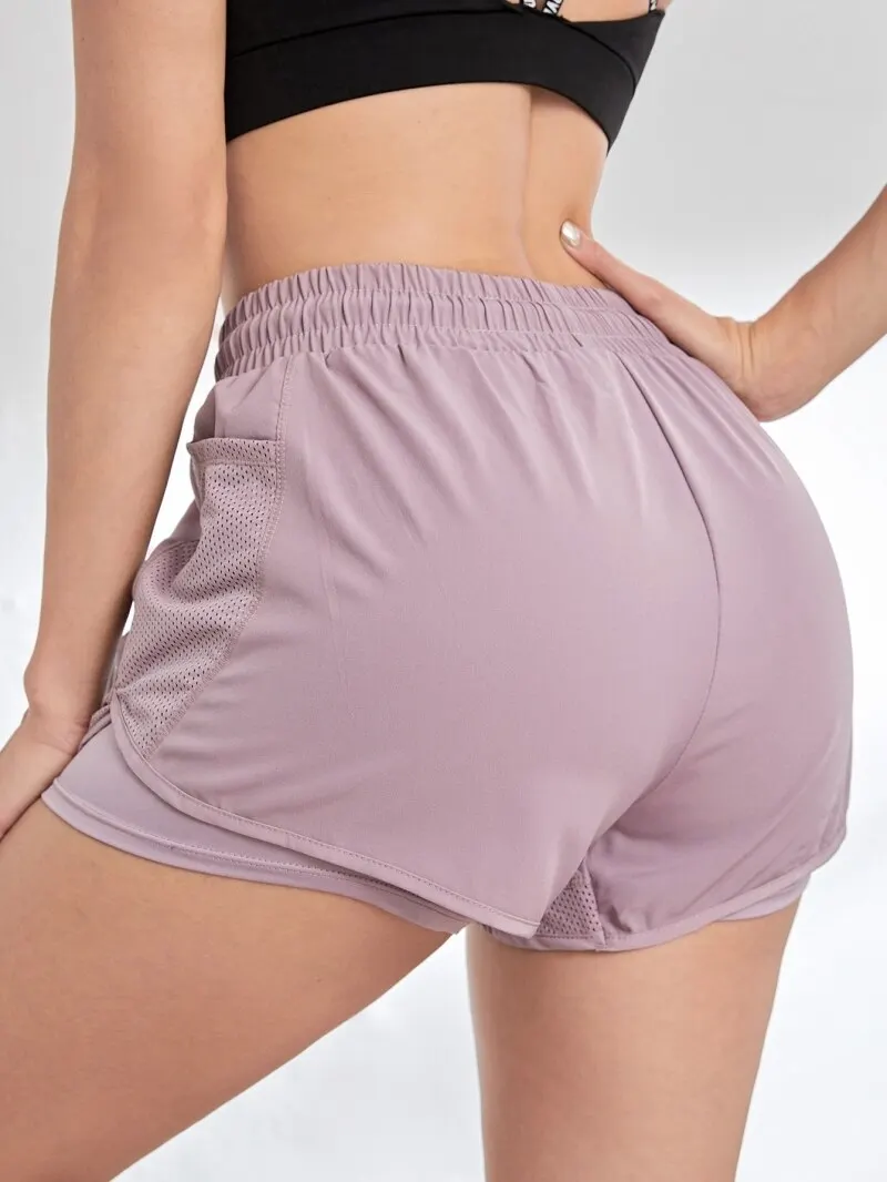 Womens Elastic Sports Shorts with Pockets Fake Two Piece Yoga Running Training Shorts 5